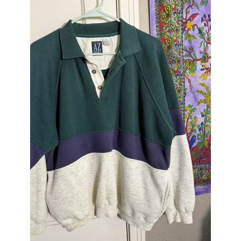 Vintage AZ Sport Colorblock Rugby Sweatshirt Green Purple 90s Pullover Men's L